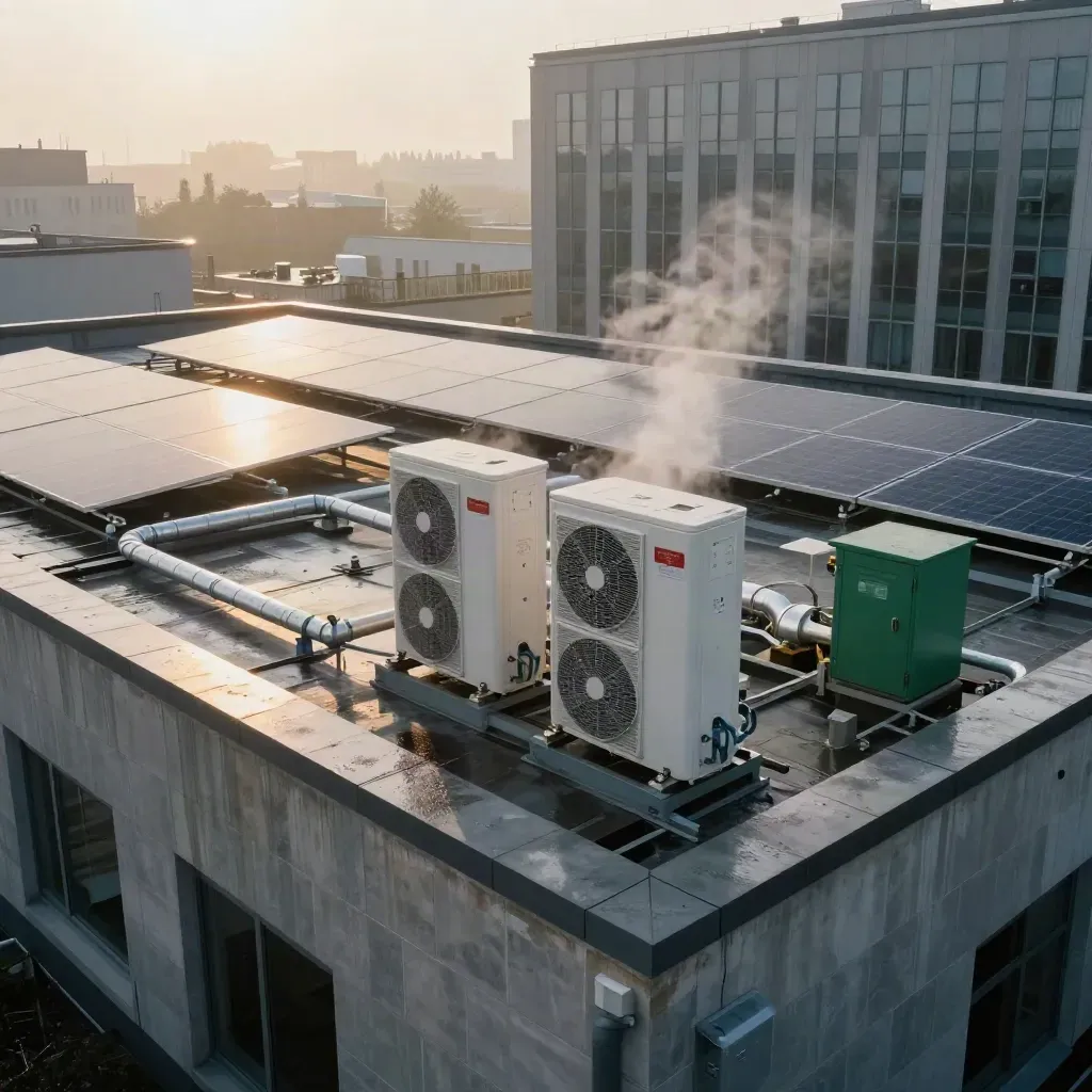Wet UK office roof with heat pumps, solar panels, mist and dawn light