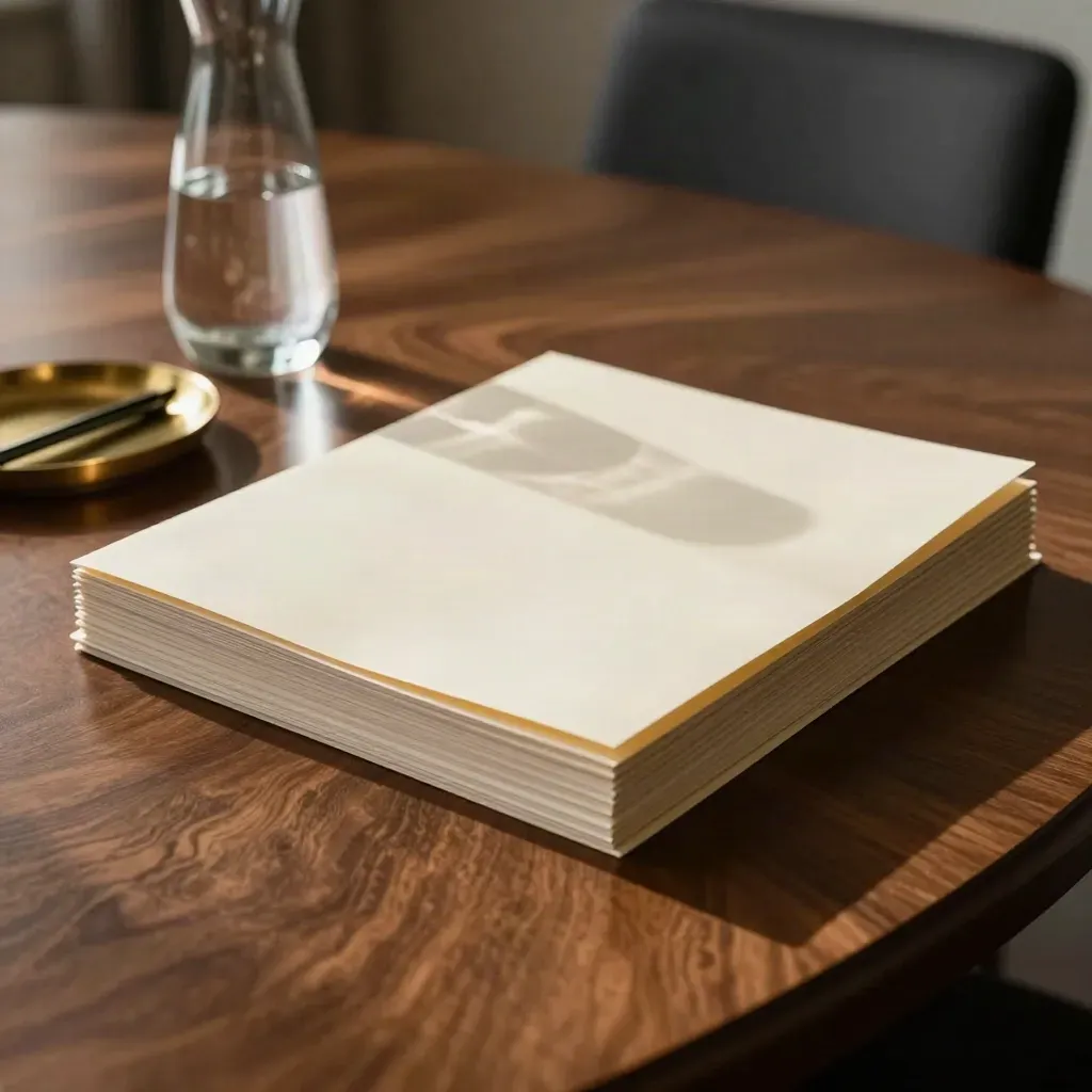 Cream report folders, brass tray and glass carafe on a walnut boardroom table in warm sunlight.