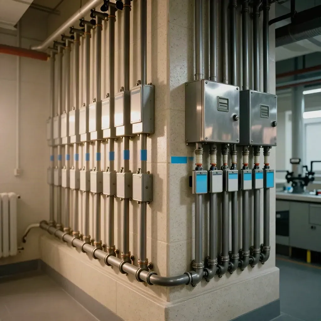 Plant-room conduits and meter housings on a travertine wall, lit by a warm diagonal beam.