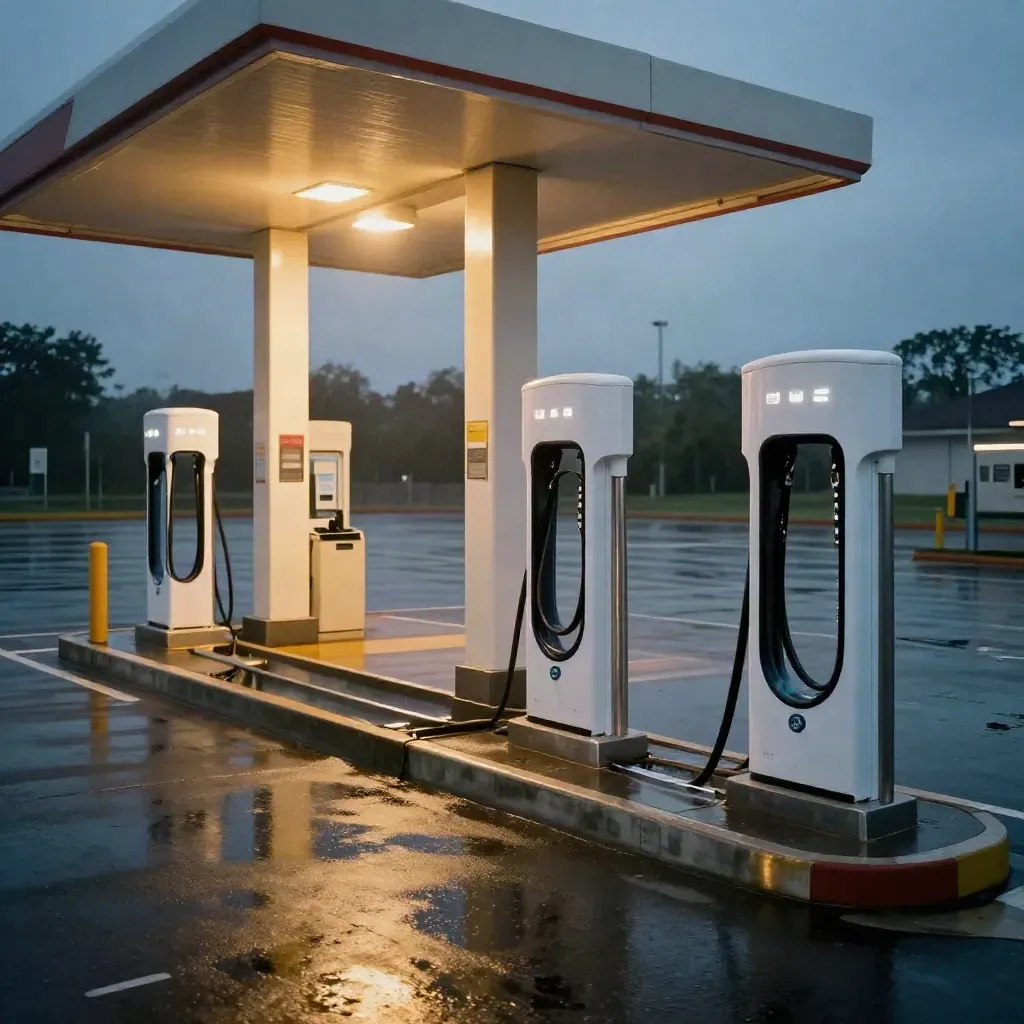 Blue-hour depot lane with EV chargers, fuel canopy, and rain-slick asphalt