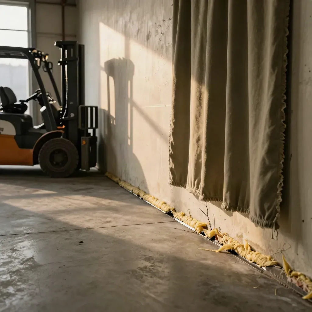 Draughty warehouse corner with split seal, insulation edge, charging alcove and thermal curtain at dawn.