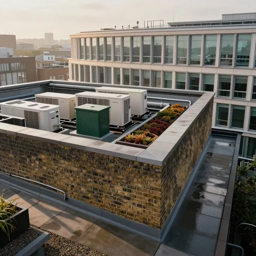 London office roof terrace with HVAC units and brick parapets under hazy morning light