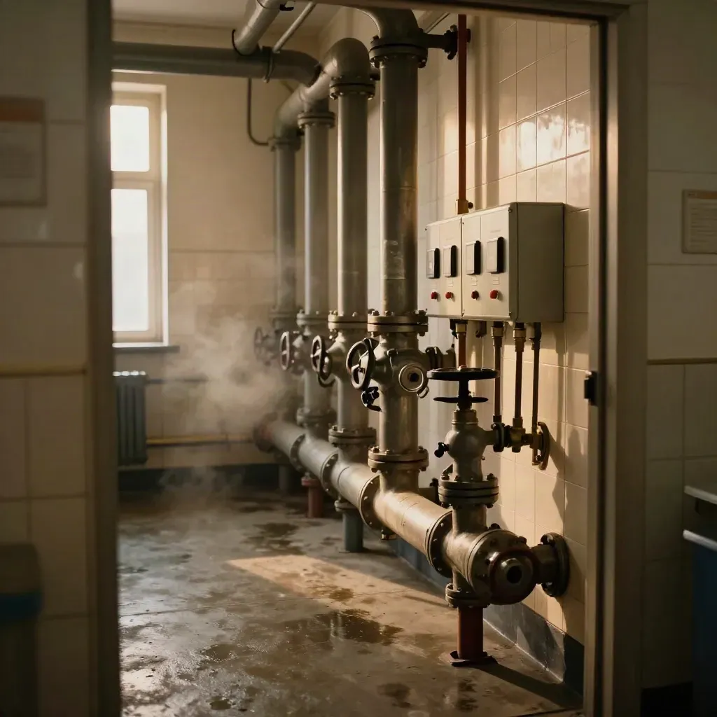 School boiler room with pipes, valves, and compact controls in warm steam-lit afternoon