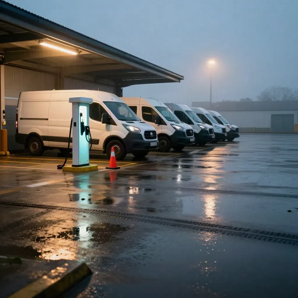 Wet fleet depot at dusk with white vans, charger, cones and reflections under a low canopy.