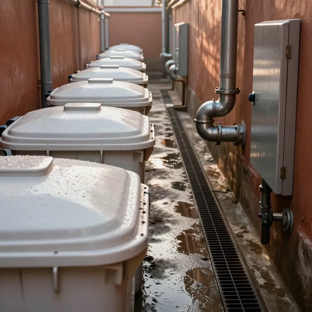Wet utility corridor with bins, pipework and inspection lids in dramatic light.
