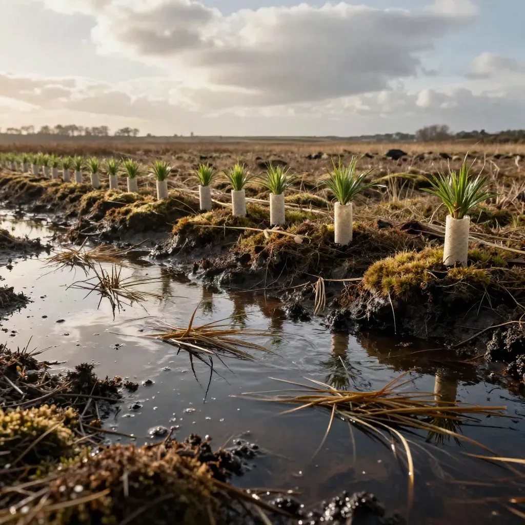 Windy peatland restoration with saplings in tubes, wet ground and open horizon.