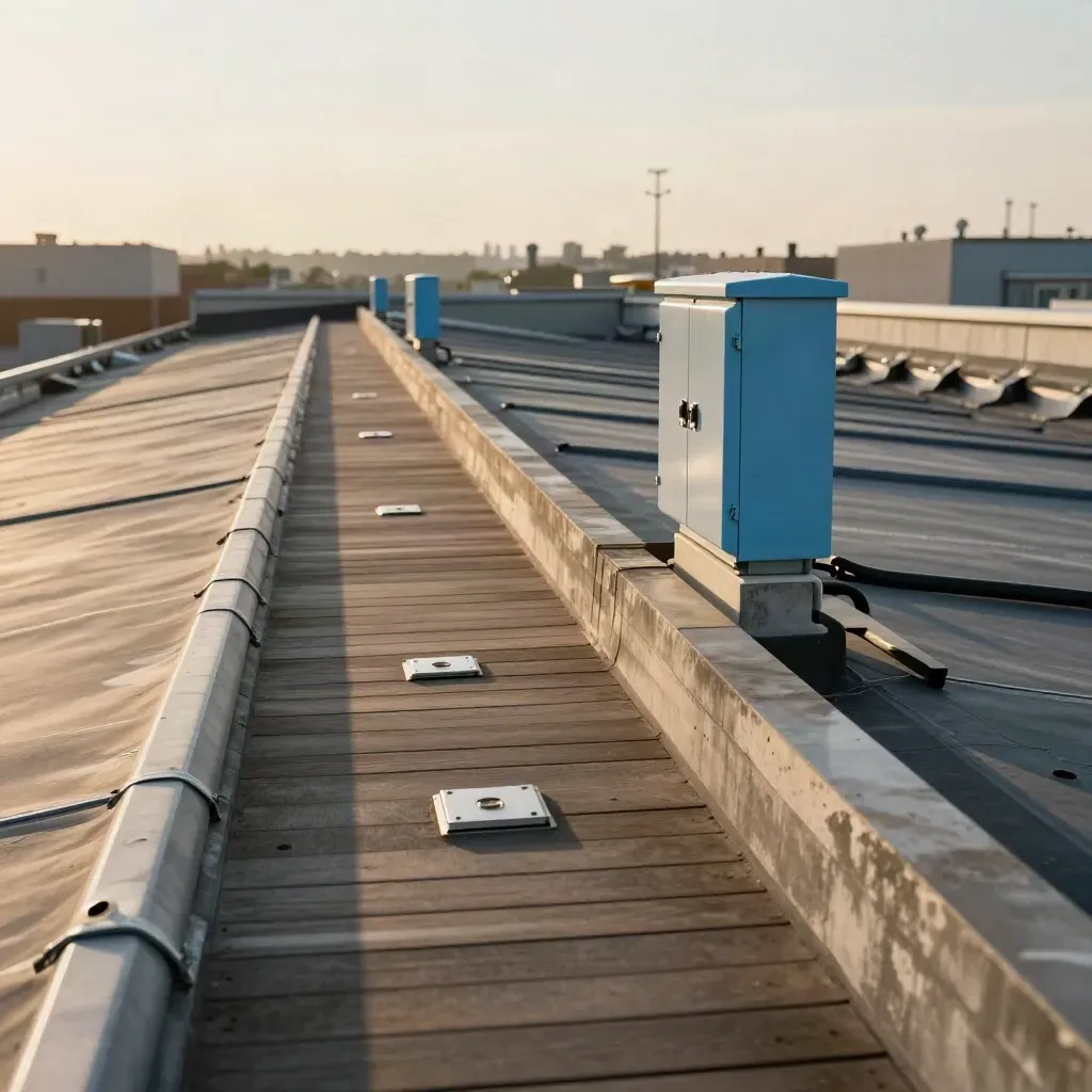 Roof walkway with conduit and service units on an industrial estate in warm afternoon light.