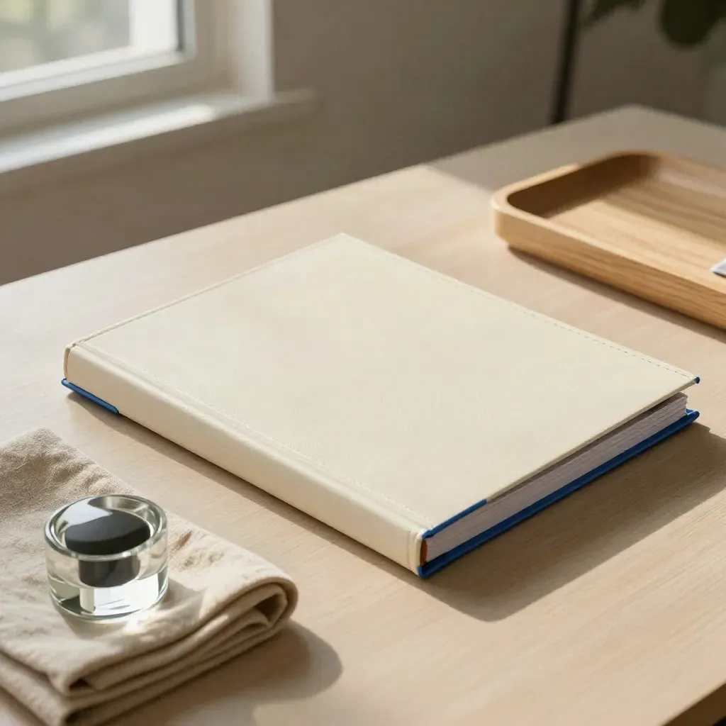 Cream report binder with blue tabs, glass paperweight, linen cloth and oak tray on pale wood.