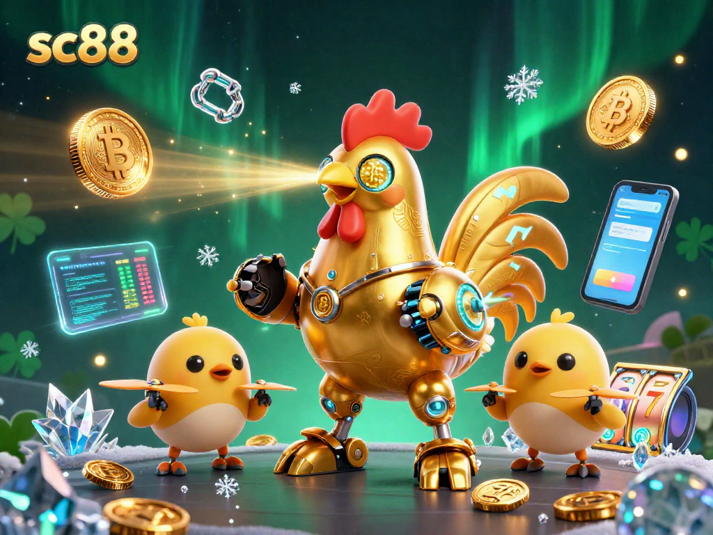 Engage with sc88's thrilling 3D cartoon scene showcasing slot machines amidst futuristic elements.