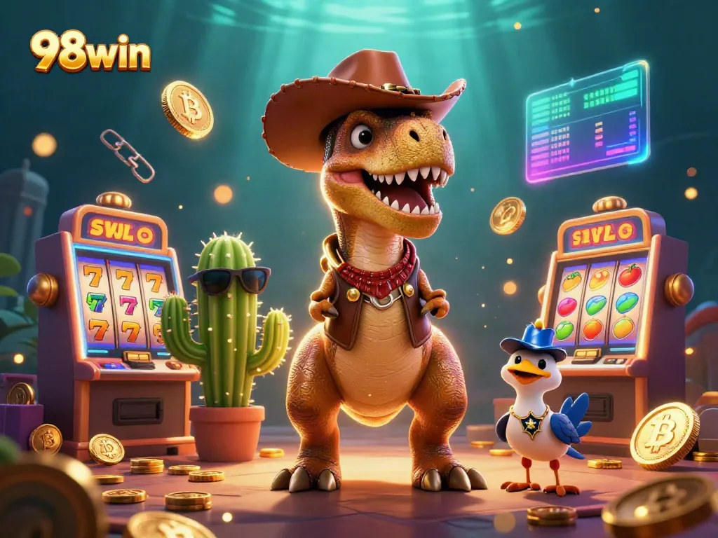 Engaging gaming atmosphere at 98win, featuring a T-Rex, cactus, and roadrunner among vibrant slot machines and neon coins.