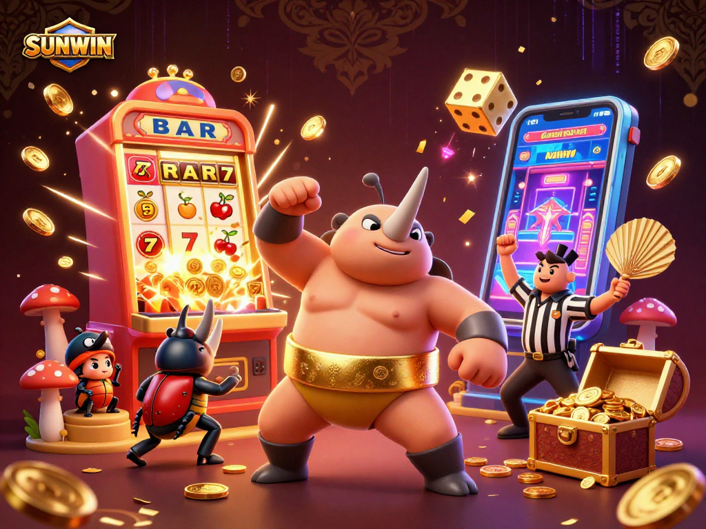 SUNWIN captivates with a 3D beetle champion amidst slot machines and festive casino elements.