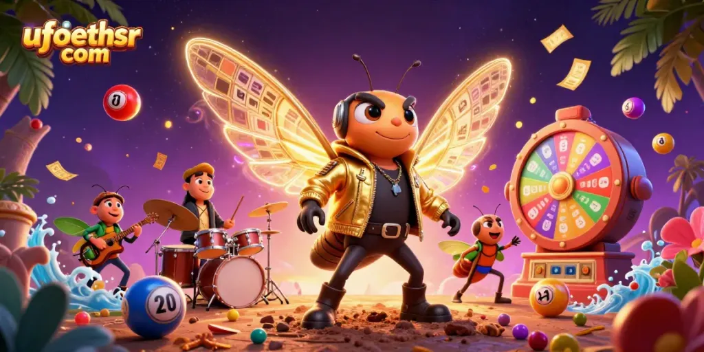 Experience casino excitement with ufabethsr com featuring a vibrant 3D illustration of a cicada rock star and dynamic game elements.