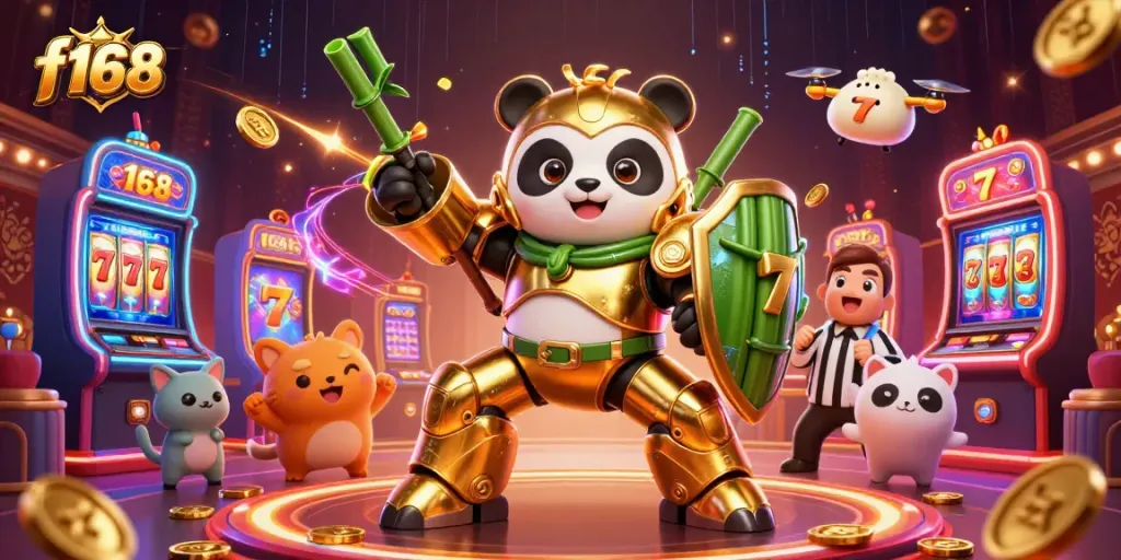 Engage with f168 gaming excitement in an electrifying casino showdown with vibrant characters and animated slots.