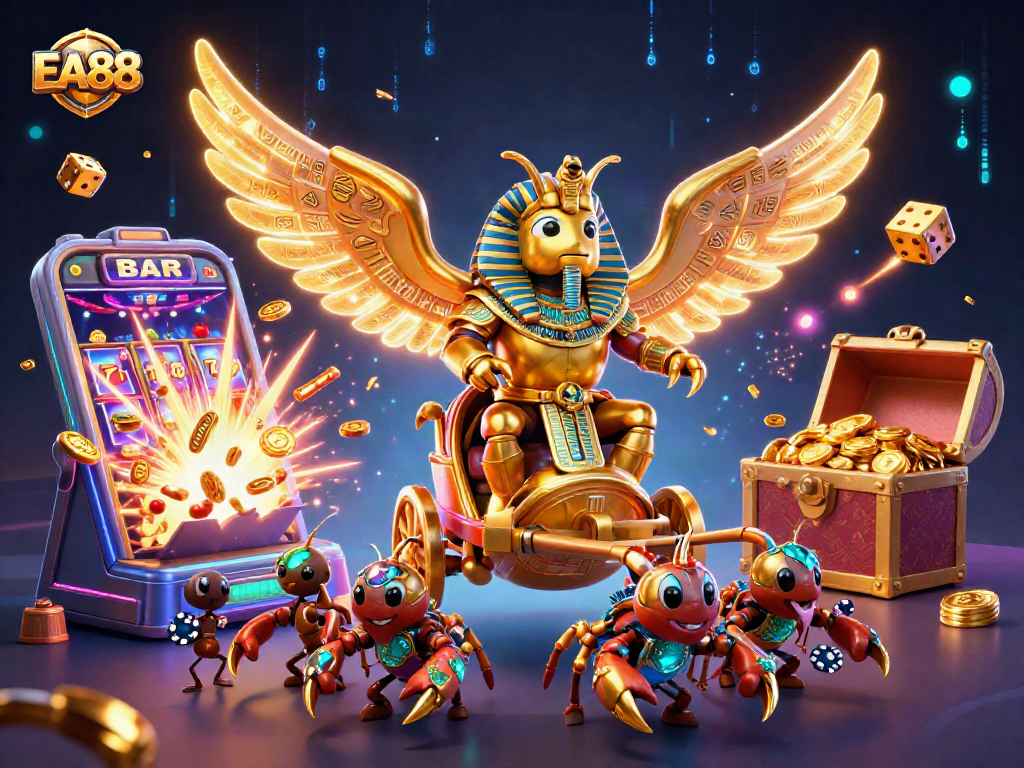 Engage with EA88 through a vibrant casino adventure featuring golden scarabs and slot machines.