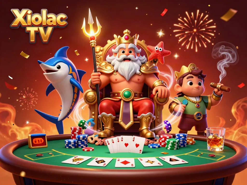 Experience thrilling gaming with Xoilac TV's vibrant 3D casino scene, featuring Neptune and dynamic card elements.