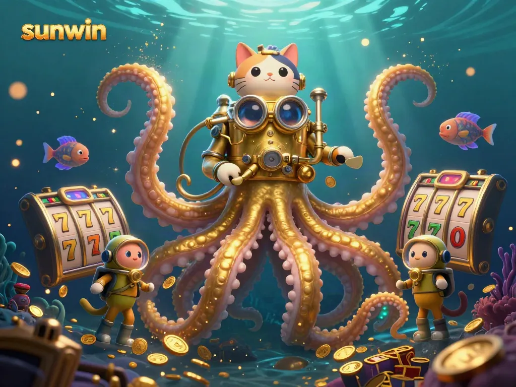 sunwin captures thrilling underwater casino adventures with a kraken and diving cat amid slot elements