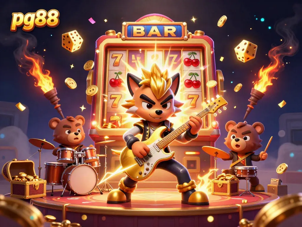 Experience the excitement of pg88 with vibrant casino imagery featuring a dynamic rock star wolf and a drummer bear.