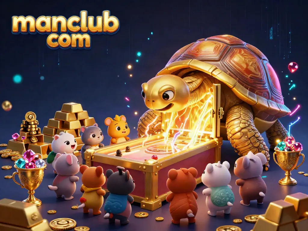 Experience thrilling gameplay at manclub com with a giant golden tortoise and treasures sparkling in a vibrant casino scene.