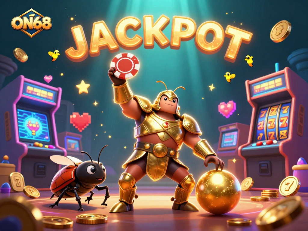Win big today with ON68's lucky jackpot scene featuring 3D characters and casino elements.