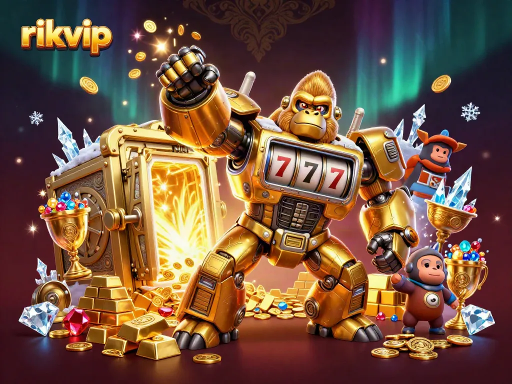 Spin and win at rikvip with an explosive 3D golden gorilla mech and treasure elements.