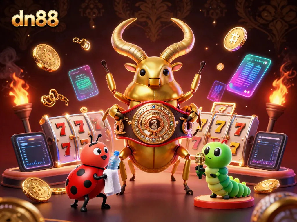 Experience thrilling gaming at dn88 with a golden stag beetle in a boxing ring surrounded by jackpot elements.