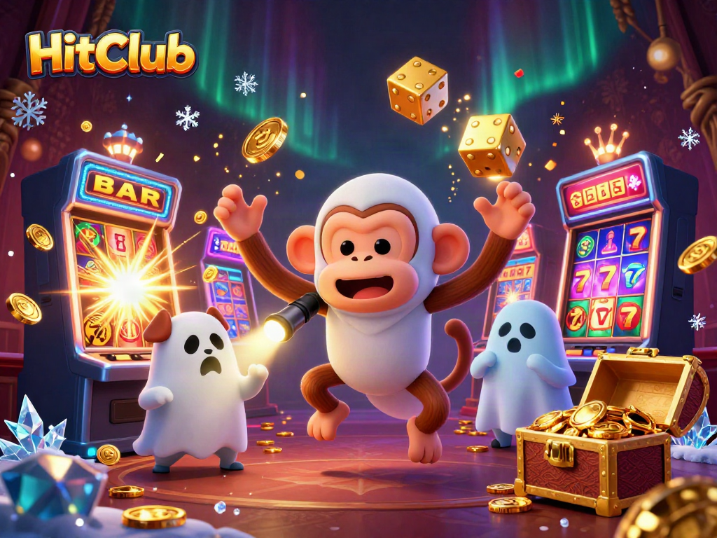 HitClub showcases lively gaming action with a playful ghost monkey and ghost-hunter puppy in a casino.