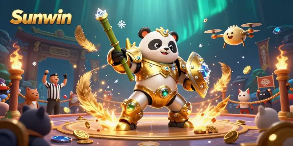 Engage in exciting games with Sunwin, featuring 3D mech-suit golden panda piloting a robot in a dynamic casino arena.