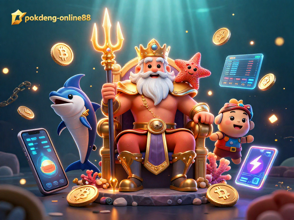 Win big with pokdeng-online88 in this vibrant underwater casino scene featuring Neptune.