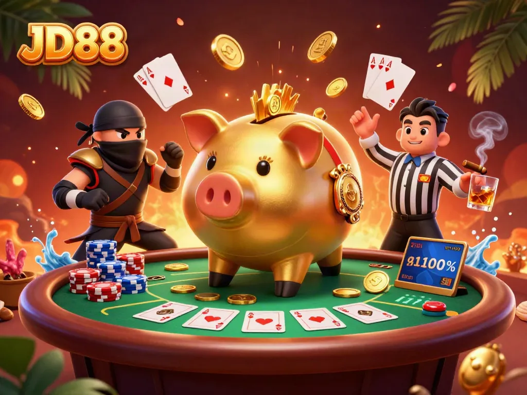 Experience thrilling action at JD88 with a sumo wrestler and ninja in a vibrant casino illustration.