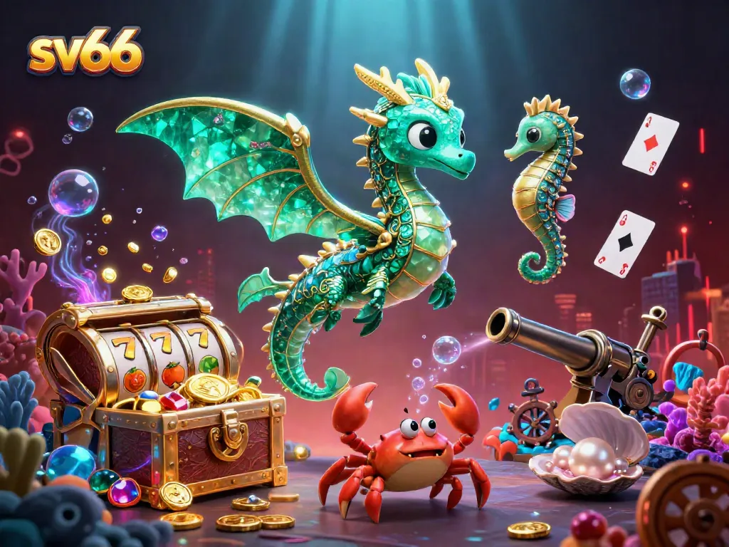 Experience the thrill of sv66 with the emerald sea dragon and slot reels amidst radiant treasure.
