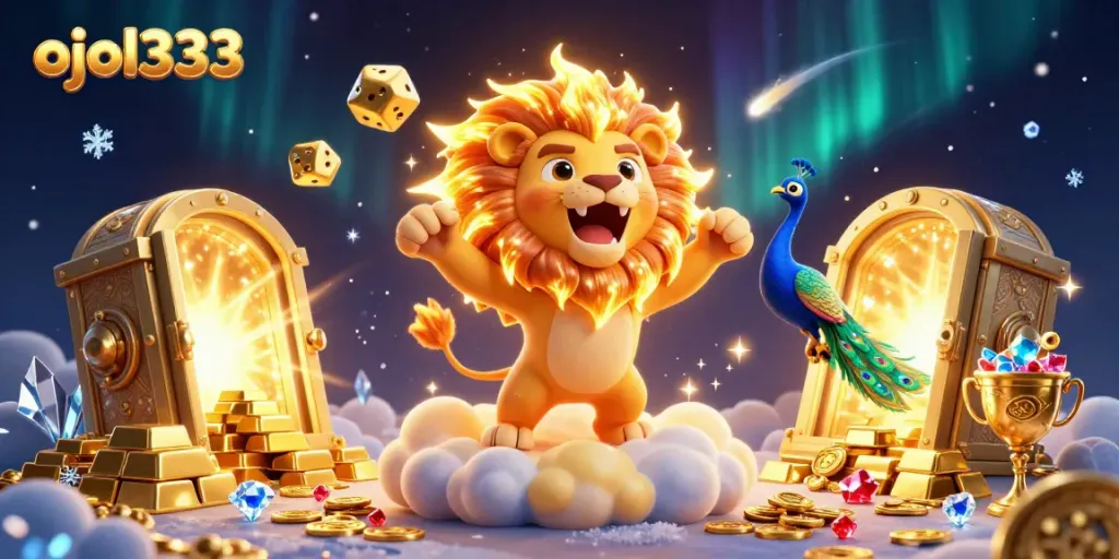 Experience thrilling gameplay of ojol333 with a vibrant 3D casino scene featuring roaring lion and golden elements.