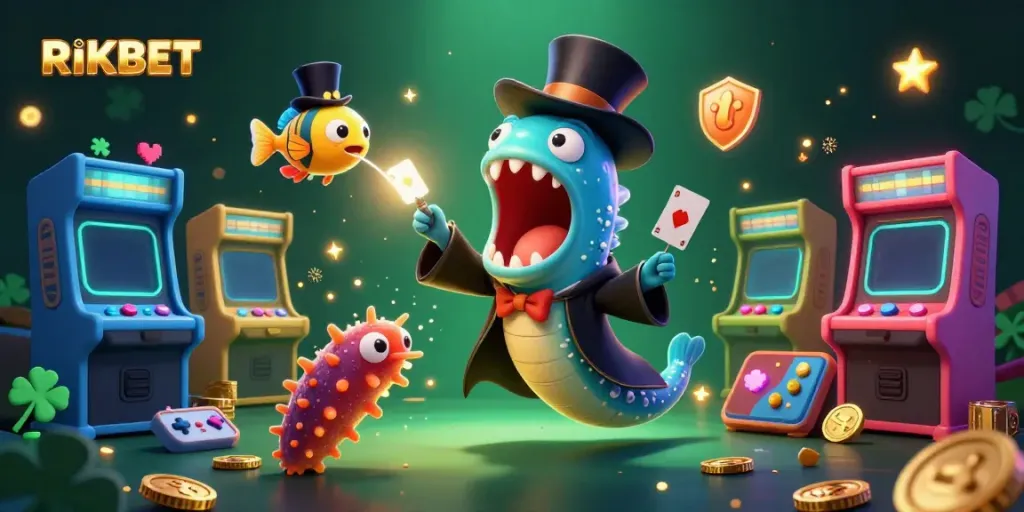 Experience thrilling card tricks at RIKBET with vibrant casino-themed illustration featuring underwater characters.