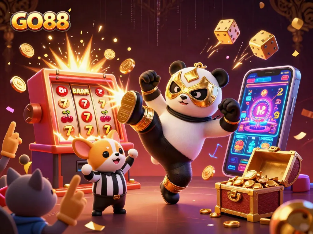 Experience thrilling gameplay with GO88 as a cartoon panda wrestler kicks at a vibrant casino scene.