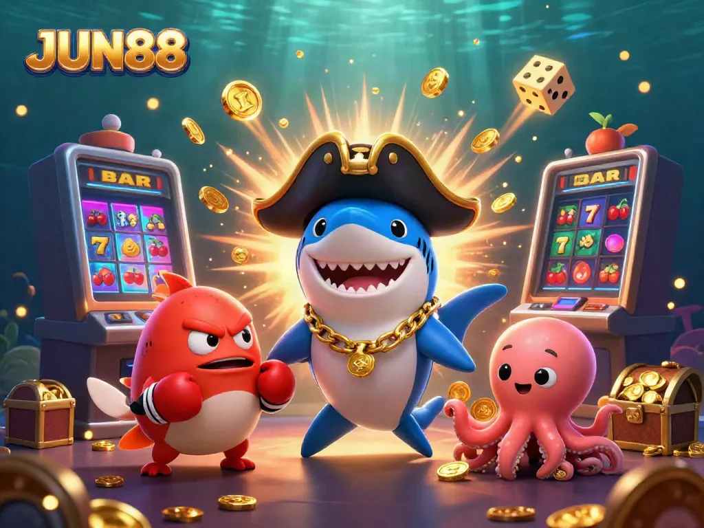 Experience the excitement of JUN88 with immersive 3D casino characters and jackpot elements.