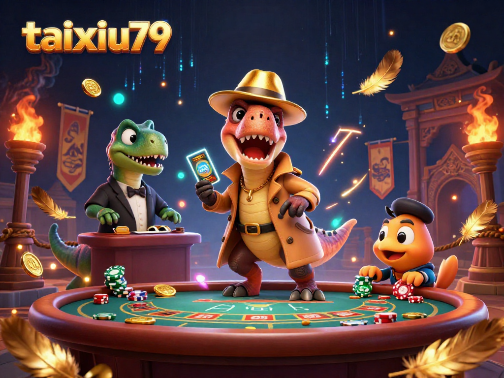 Engage with taixiu79 in this vibrant scene showcasing a velociraptor at a blackjack table, filled with dynamic gaming elements.