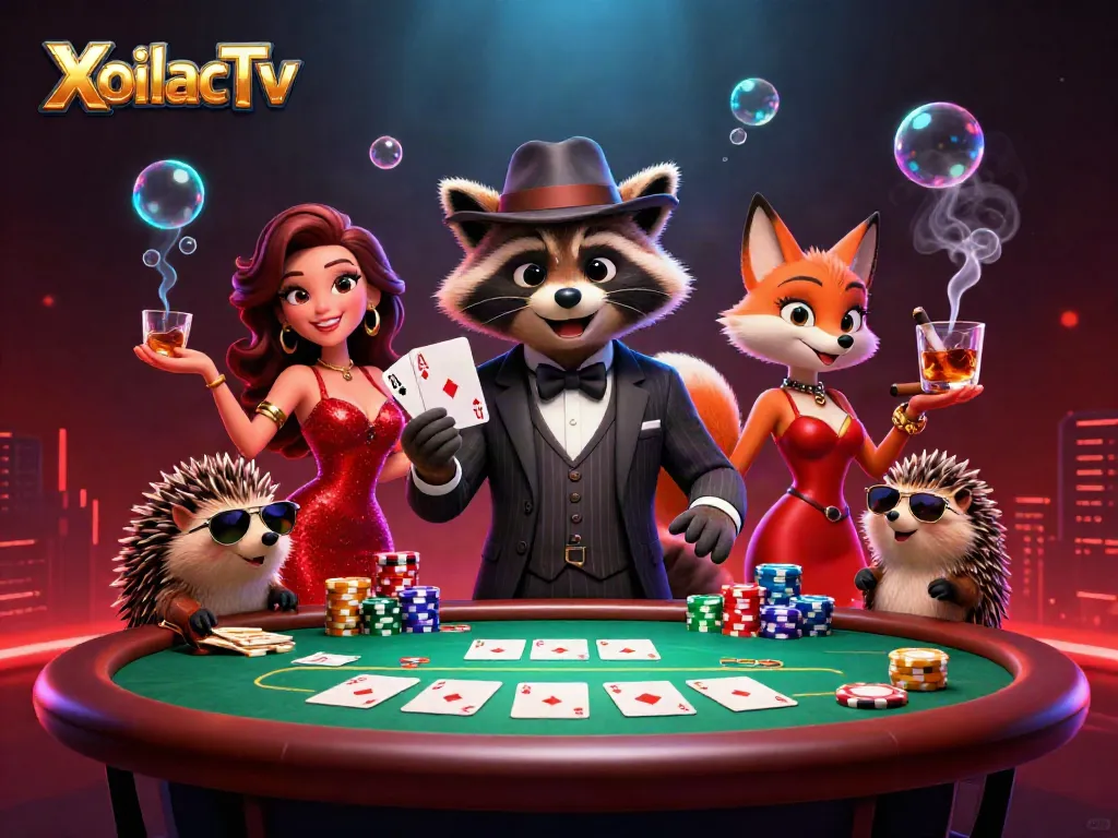XoilacTv features a suave raccoon revealing a royal flush surrounded by casino elements in a vibrant scene.