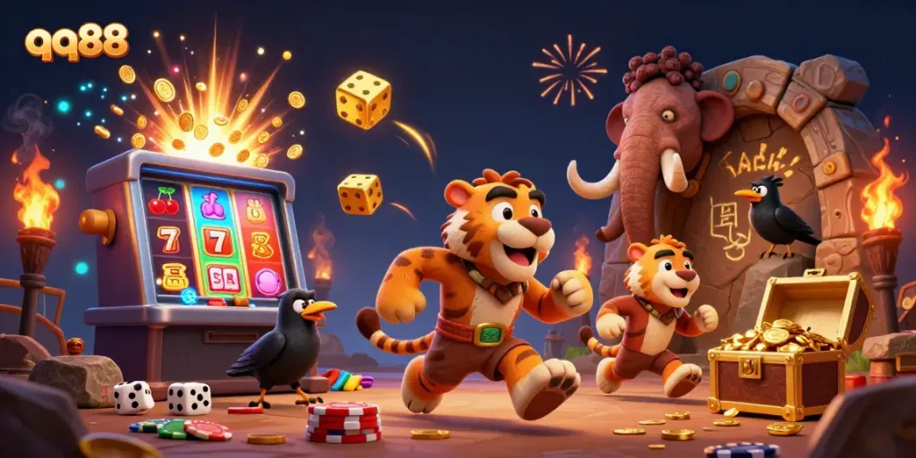 Engage in thrilling games at qq88 as a caveman duo operates their prehistoric casino.