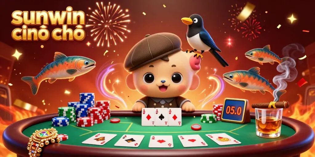 Experience sunwin chính chủ in a vibrant casino scene with cartoon characters, poker elements, and festive energy.