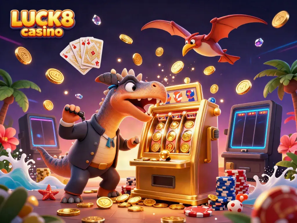 Catch thrilling payouts at LUCK8 casino as a cartoon dinosaur engages with a slot machine.