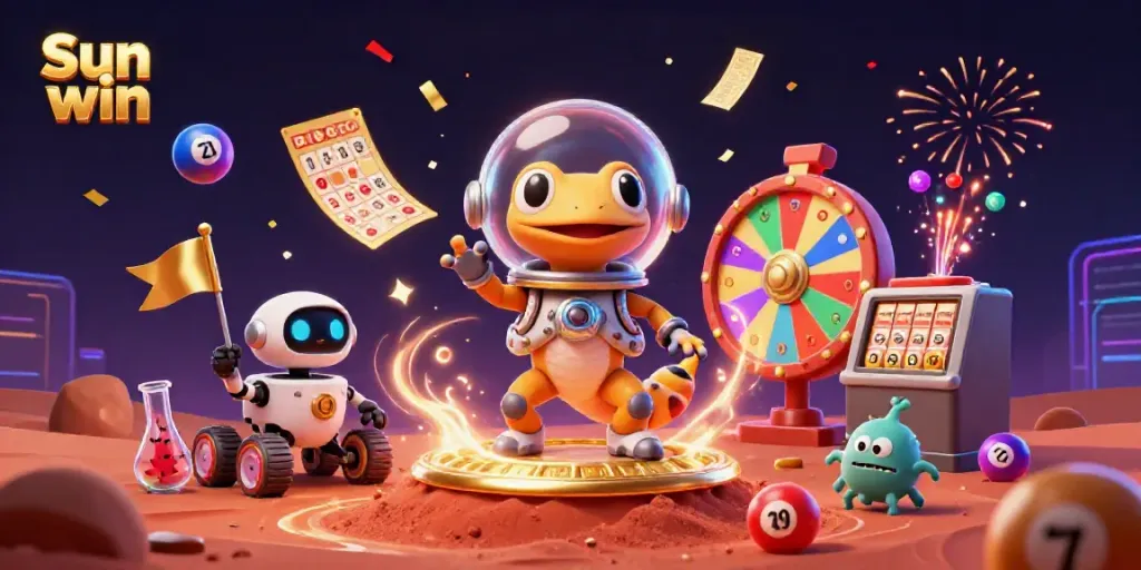 Experience Sun win with a Martian gecko discovering a casino amidst a vibrant gaming atmosphere.