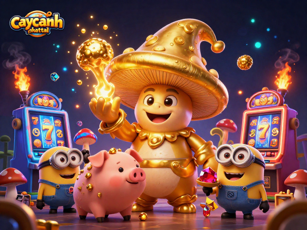 Spin the reels in the caycanhphattai game featuring a magical golden mushroom wizard and vibrant casino elements.