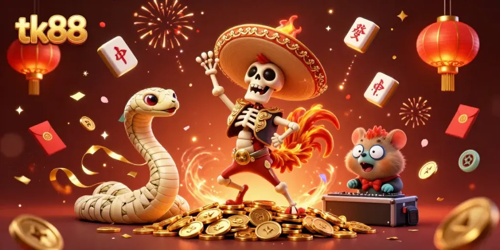 Celebrate your wins with tk88 as a mariachi rooster dances in a vibrant casino scene.