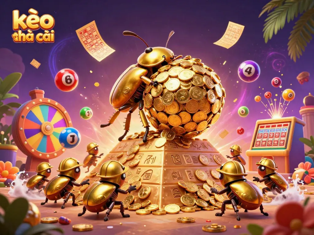 Experience kèo nhà cái with a vibrant scene featuring golden beetles rolling coins amidst colorful gaming elements.