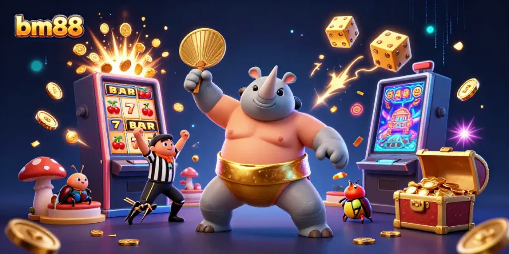 Experience incredible gaming action with bm88 as a rhinoceros beetle champion stomps coins around, showcasing thrilling casino elements.