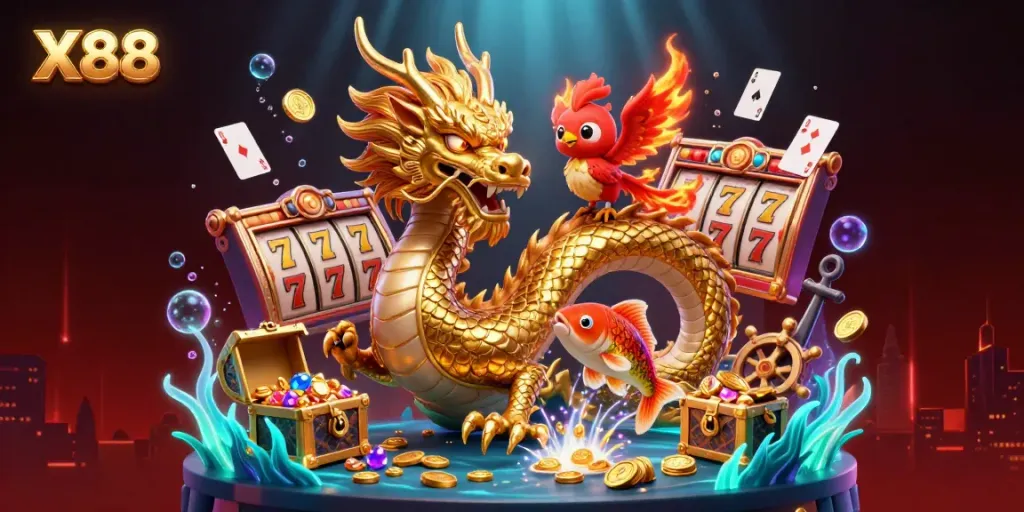 Engage with X88's vibrant casino adventure featuring a dragon, phoenix, and koi fish amidst dynamic slot elements.