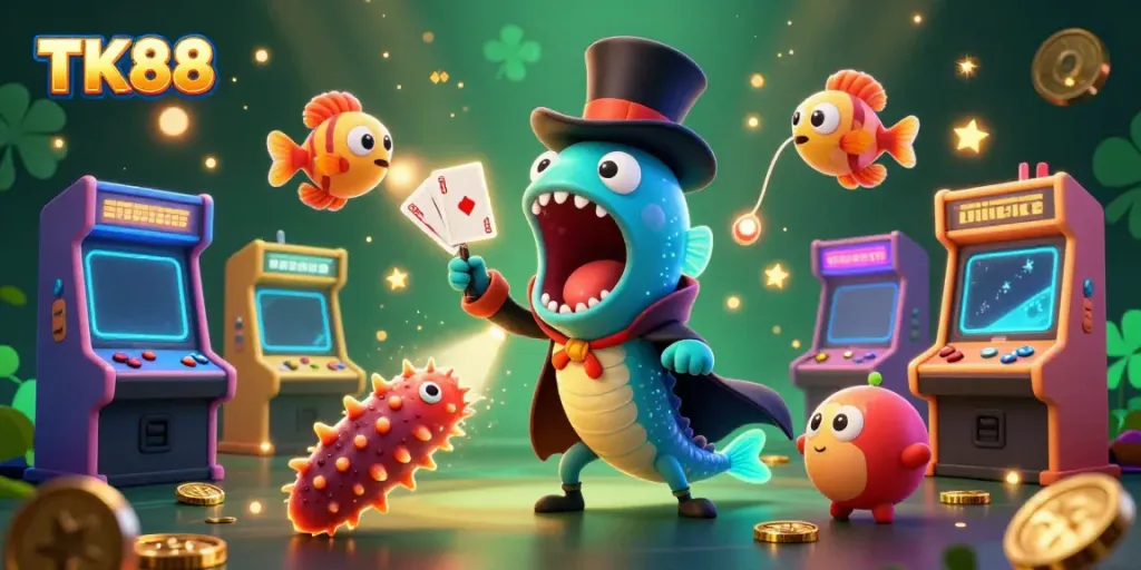 Engage in thrilling casino games with TK88, featuring vibrant 3D characters and rich gaming elements.