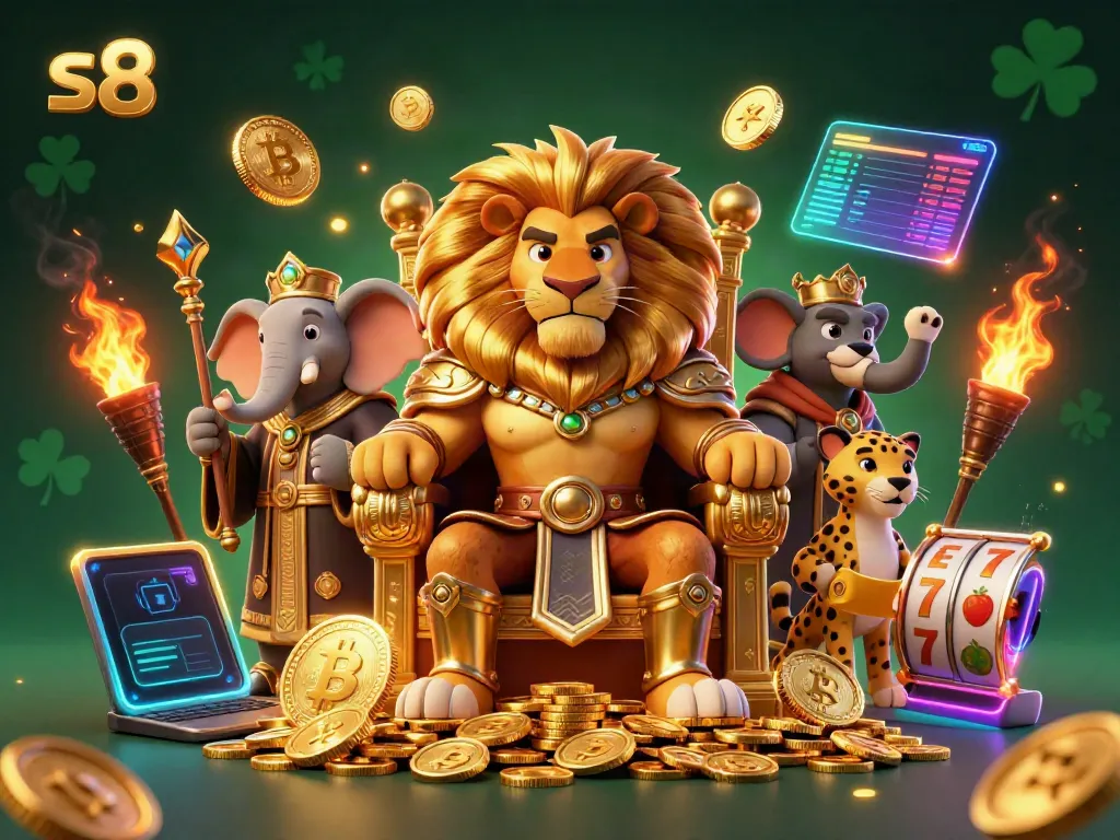 Experience gaming excitement with S8 featuring a lion king, elephant advisor, and cheetah messenger.
