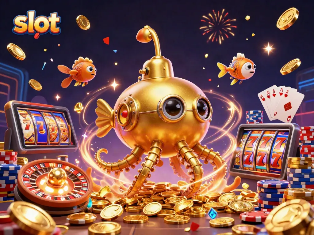 Experience exhilarating slot action with a playful kraken submarine amid a cascade of coins and jackpot reels.