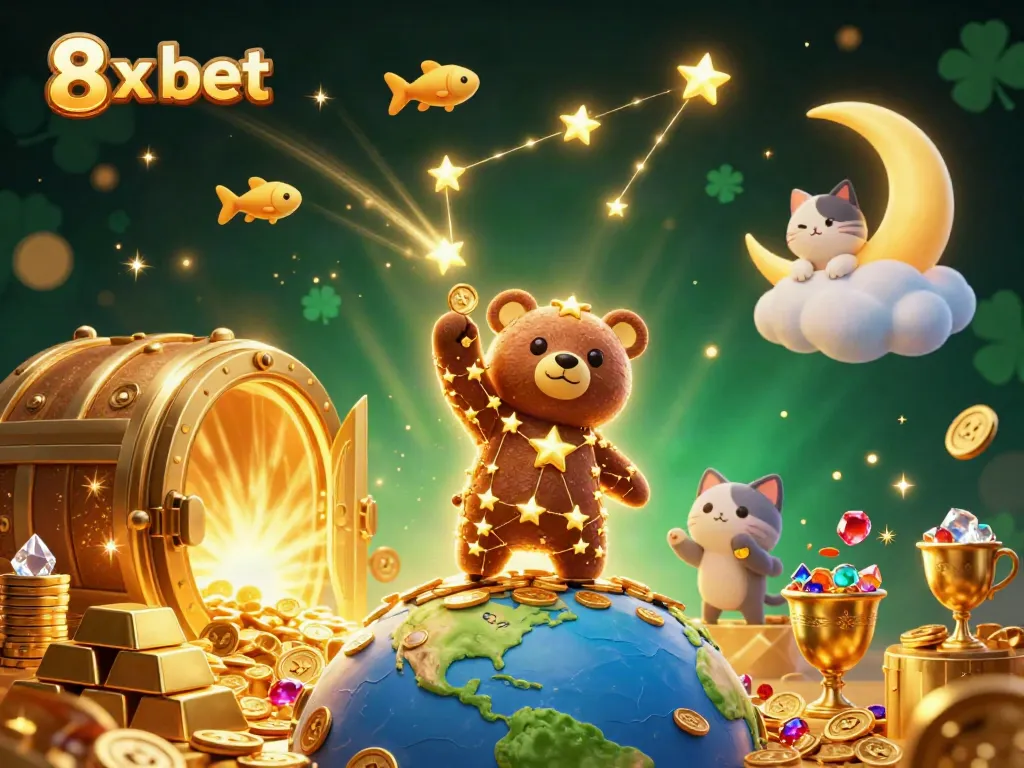 Engage with the magical 8x bet illustration, featuring a constellation bear and treasure in a captivating casino scene.