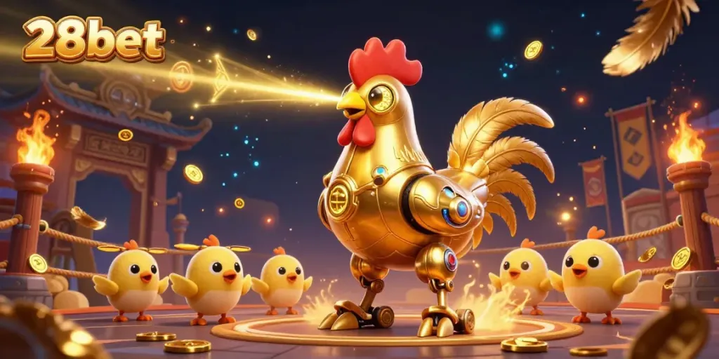 Bet on exciting games at 28bet with dynamic visuals showcasing a futuristic rooster robot and thrilling elements.